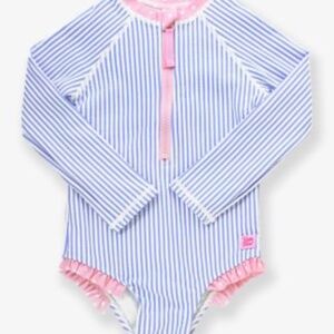 Ruffle Butts Blue and White pinstripe Seersucker Rashguard Swimsuit 4T